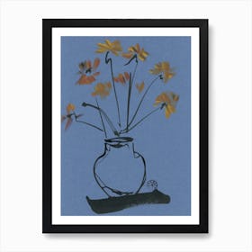 Flowers In A Vase blue grey gray block ochre floral black ink painting hand painted bedroom living room Art Print