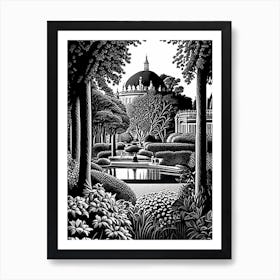 Versailles Gardens, 1, France Linocut Black And White Vintage Art Print