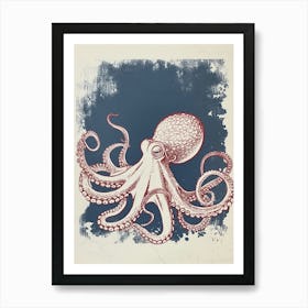 Octopus Swimming Around With Tentacles Red Navy Linocut Inspired 1 Art Print