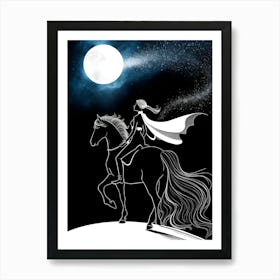 Woman Riding A Horse At Night Art Print