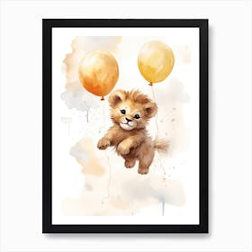 Baby Lion Flying With Ballons, Watercolour Nursery Art 1 Art Print