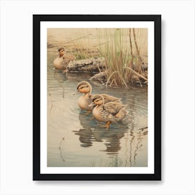 Ducklings Splashing Around Japanese Woodblock Style 3 Art Print