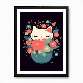 Flower Bouquet With A Cat Kawaii Illustration 4 Art Print