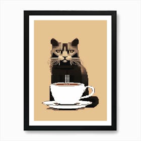 Pixelated Cat With A Cup Of Coffee Art Print