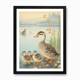 Mother Duck With Ducklings Japanese Woodblock Style Art Print