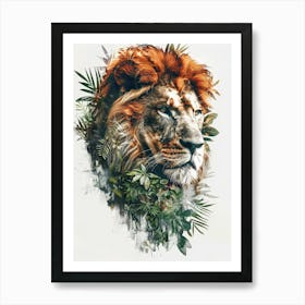 Double Exposure Realistic Lion With Jungle 24 Art Print