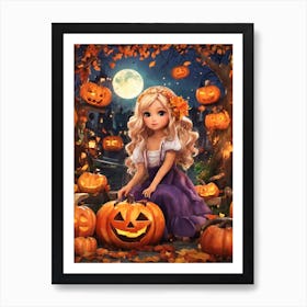 Halloween Girl With Pumpkins Art Print