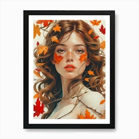 Woman with Freckles and Falling Leaves in a Dreamy Autumn Portrait Art Print