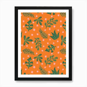 Scattered Retro Green Tropical Leaves and Peach Polka Dots on Orange Art Print