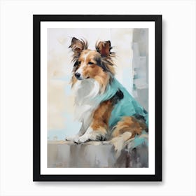 Shetland Sheepdog Dog, Painting In Light Teal And Brown 2 Art Print