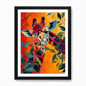 Colourful Giraffe In The Leaves Oil Painting Inspired 3 Art Print