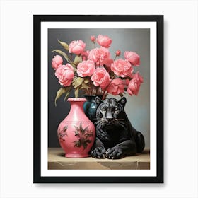 Black Panther And Pink Roses art print Art Print