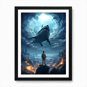 Man Standing In Front Of A Shark Art Print