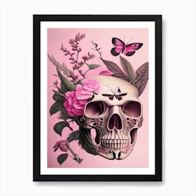 Skull With Butterfly Motifs 2 Pink Botanical Art Print