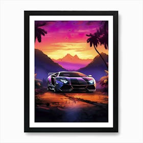 Synthwave aesthetic sport car with palms [synthwave/vaporwave/cyberpunk] — aesthetic poster, retrowave poster, vaporwave poster, neon poster Art Print