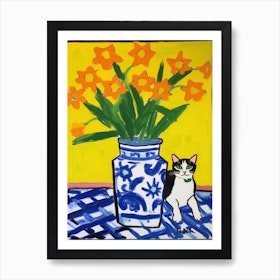 A Painting Of A Still Life Of A Daffodils With A Cat In The Style Of Matisse 1 Art Print