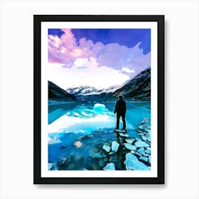 Mt Cook From Lake With Iceberg, New Zealand Art Print