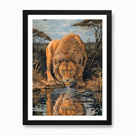 African Lion Relief Illustration Drinking 2 Art Print