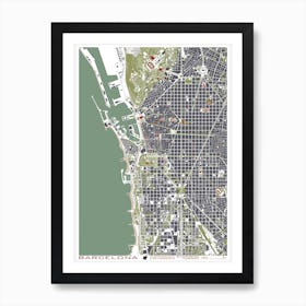 Barcelona Engraving Map Art Print