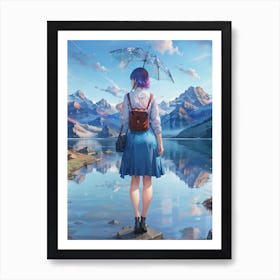 Girl With Umbrella Near River Art Paint Art Print