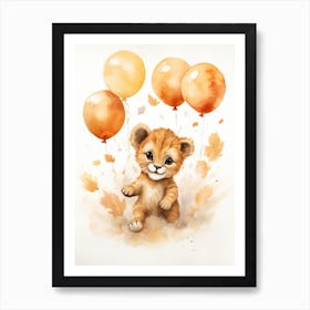 Lion Flying With Autumn Fall Pumpkins And Balloons Watercolour Nursery 2 Art Print