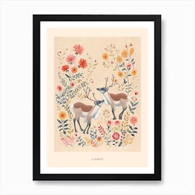 Folksy Floral Animal Drawing Caribou Poster Art Print