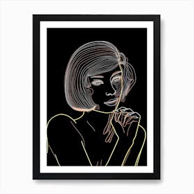 Woman Portrait In Black And White Line Art Neon 3 Art Print