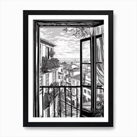 Window View Of Lisbon Portugal   Black And White Colouring Pages Line Art 2 Art Print