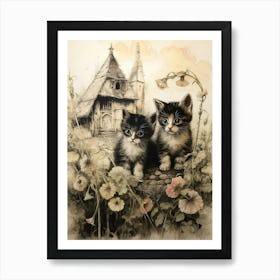 Sepia Drawing Of Kittens With A Medieval Village 4 Art Print