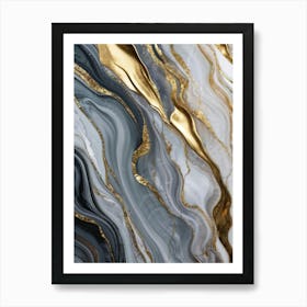 Abstract Marble Artwork Featuring Sinuous Gold And Silver Waves Flowing Amidst A Swirling Ocean Of V (6) Art Print