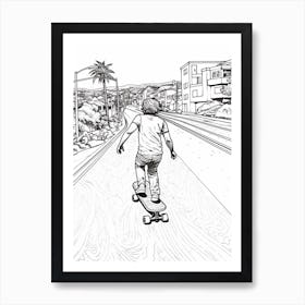 Skateboarding In Oahu Hawaii, Usa Line Art Black And White 4 Art Print