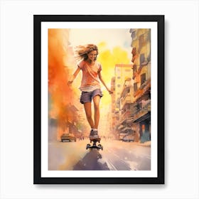 Girl Skateboarding In Rio De Janeiro, Brazil Watercolour 3 Art Print