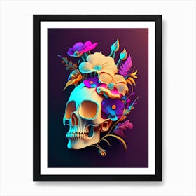 Skull With Neon 2 Accents Vintage Floral Art Print