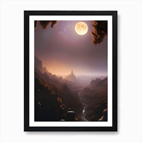 Mystic Full Moon Over Fantasy Red Rock Valley Digital Ai Art Art Print