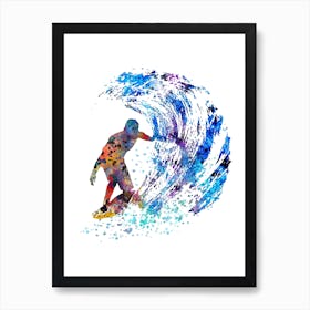 Surfer On A Wave Watercolor Poster