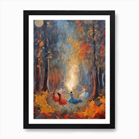 Walpurgis Fire Dance - Circle of Women Witches Dancing in the Forest Under the Full Moon - Pagan Festival Calling Down the Moon Selene or Diana Goddesses - Witchy Colorful Oil Painting Art Print