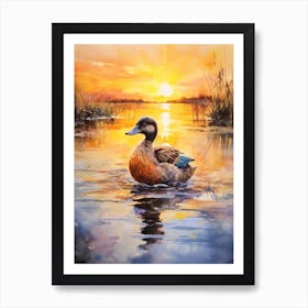 Duck Swimming In The Lake At Sunset Watercolour 1 Art Print