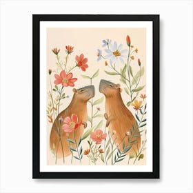 Folksy Floral Animal Drawing Capybara 2 Art Print