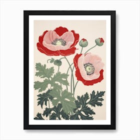 Hanaichige Japanese Anemone 2 Vintage Botanical Woodblock Art Print