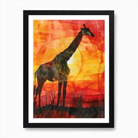 Giraffe Red Sunset Watercolour 2 Art Print