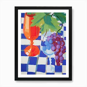 Grapes On Checkered Table, Colourful Tones, Frenchch Riviera In Matisse Style 2 Art Print