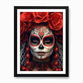 Red Day of the Dead Skull Flower Girl Art Print