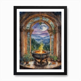 Spell Casting - Witch's Cauldron Fairytale Watercolor Art by Lyra the Lavender Witch - Pagan Witchcraft Witches Brew Potion Making on the Full Moon Magick Wicca Witchcore Gallery Feature Wall Beautiful Colorful Cottagecore Art Print