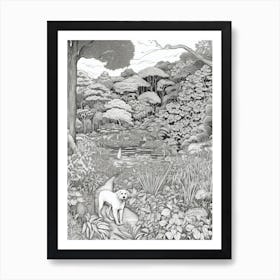 Drawing Of A Dog In Royal Botanic Gardens, Kandy Sri Lanka In The Style Of Black And White Colouring Pages Line Art 02 Art Print