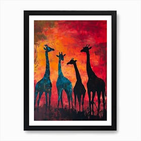 Giraffe Herd In The Red Sunset 2 Art Print