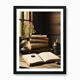 Old Books On A Wooden Table Art Print