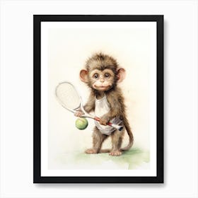 Monkey Painting Playing Tennis Watercolour 4 Art Print