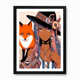 Pretty Anime Girl with Fox 9 Art Print