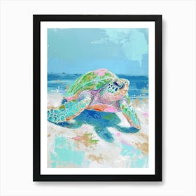 Pastel Blue Sea Turtle On The Bleach Brushstrokes Art Print