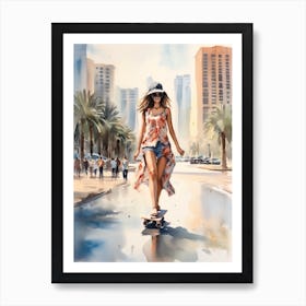 Girl Skateboarding In Dubai, United Arab Emirates Watercolour 2 Art Print